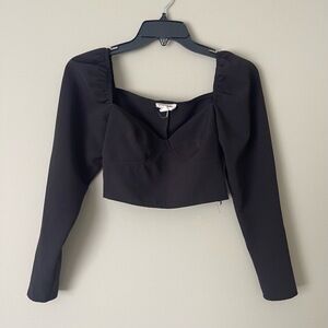 Open Edit Top Womens Small Black Cropped Long Sleeve Square Neck Ruched Shoulder